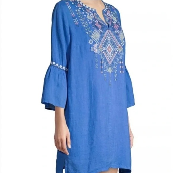 New Johnny Was Blue Embroidered Tunic Dress NWT Bohemian Boho Casual Women Small - Picture 1 of 12
